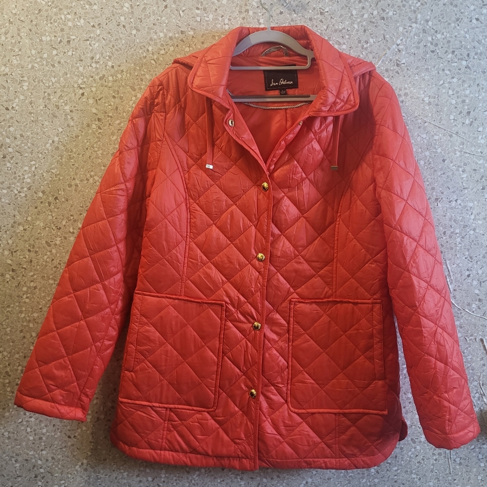 Sam Edelman Women's Puffer Jacket. Drawstring Hoodie  Quilted Red Design, Size L